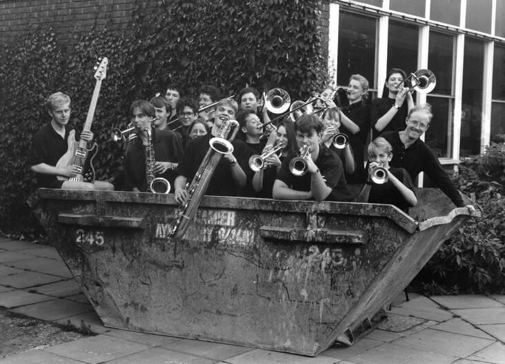 Aylesbury Music Centre Dance Band in a skip, mid-90s